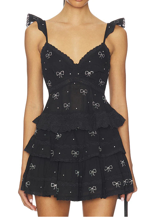 Love Shack Fancy Bow Embellished Ruffle Mini Skirt