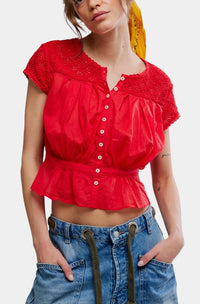 Free People Gemma Embroidered Top in High Risk Red