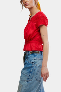 Free People Gemma Embroidered Top in High Risk Red