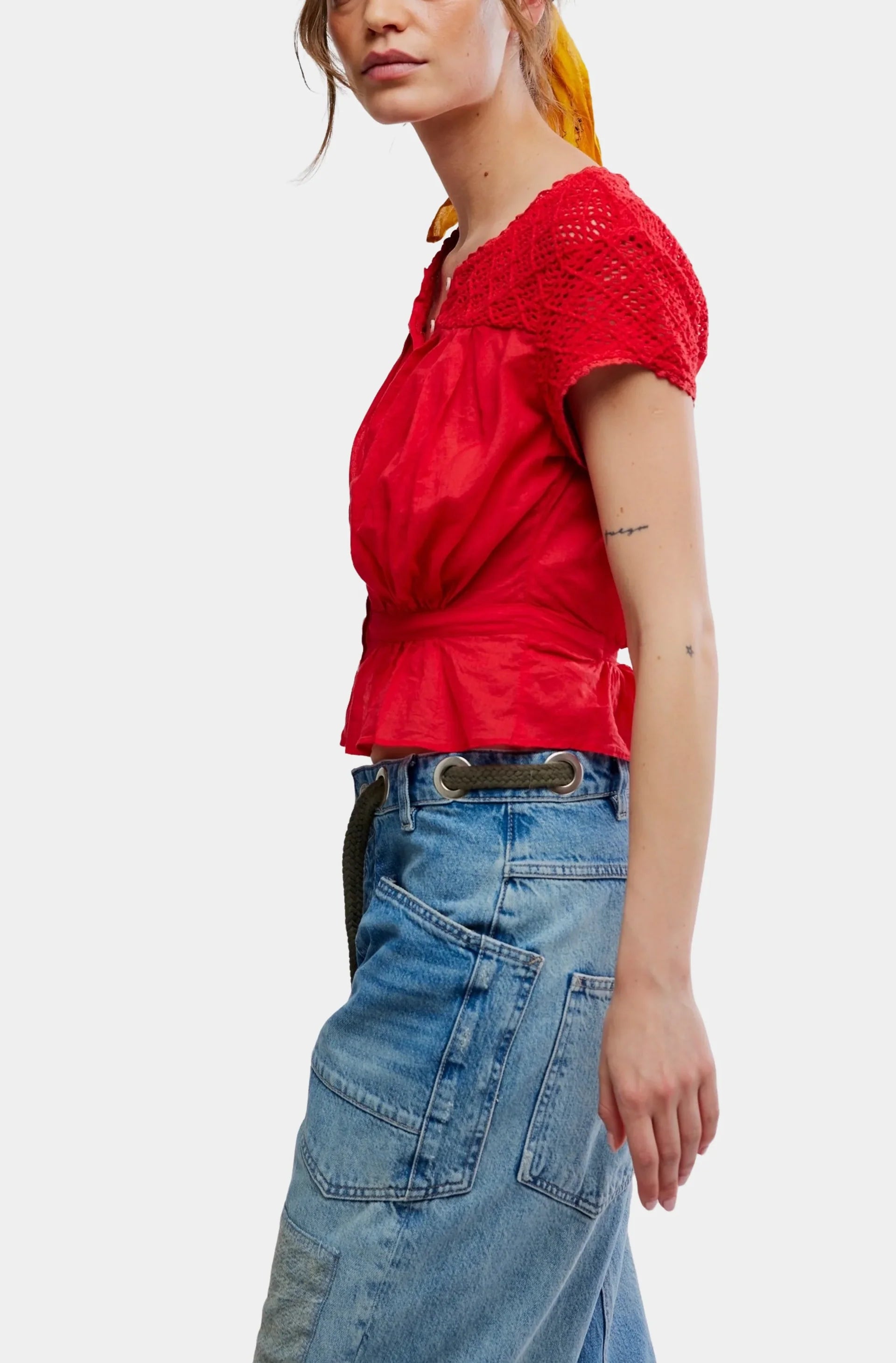Free People Gemma Embroidered Top in High Risk Red