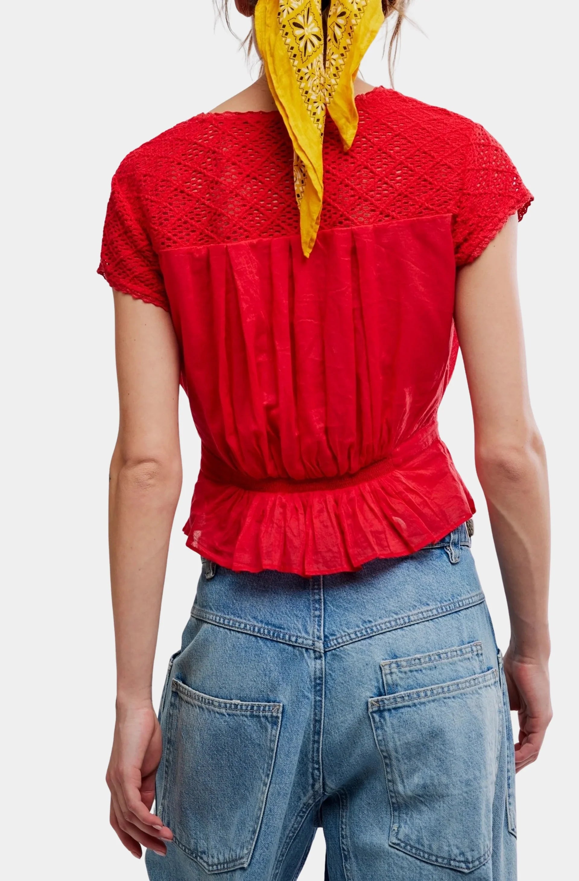 Free People Gemma Embroidered Top in High Risk Red