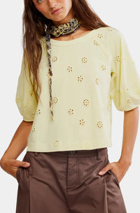 Free People Jessie Eyelet Tee in Lemon Water