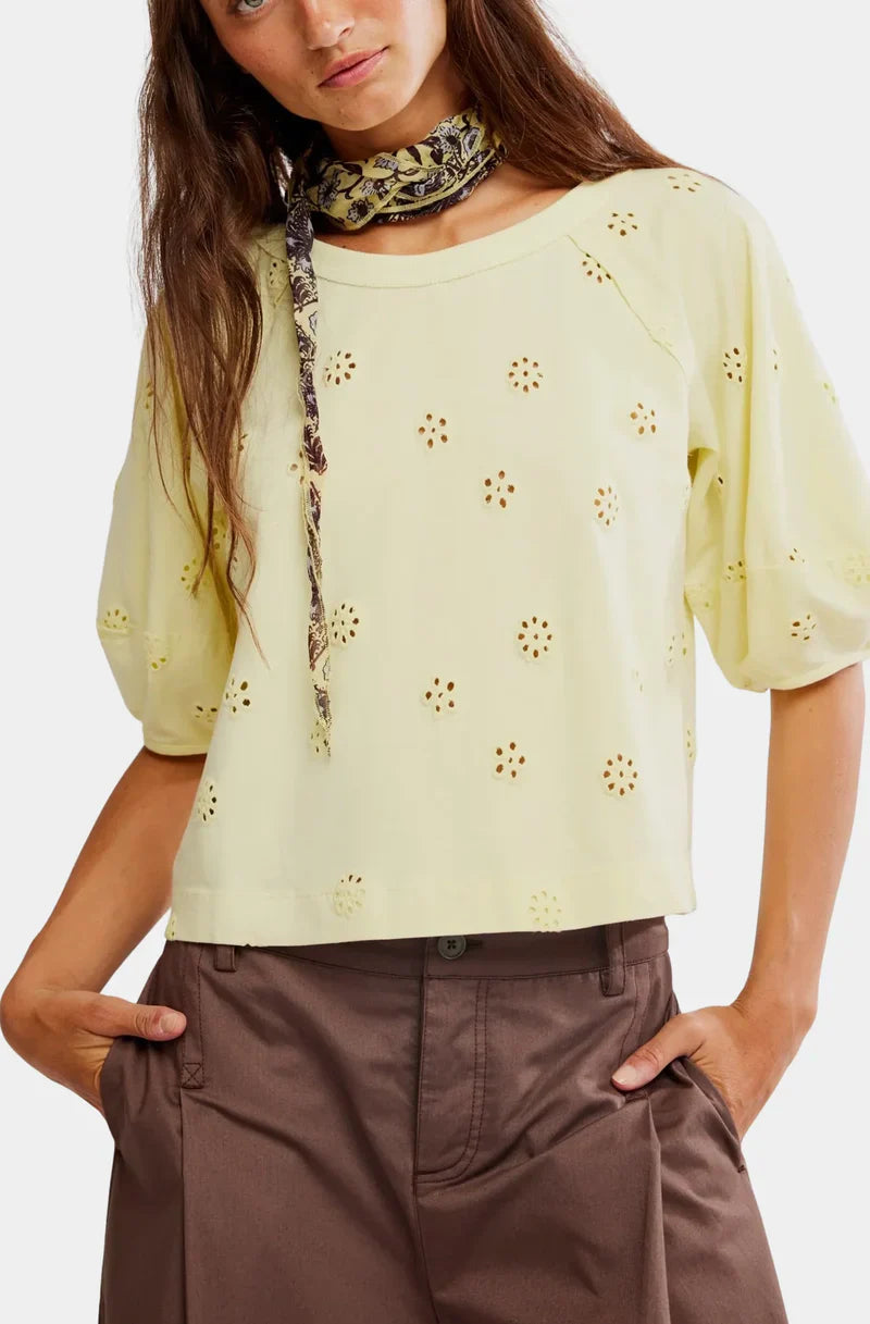 Free People Jessie Eyelet Tee in Lemon Water
