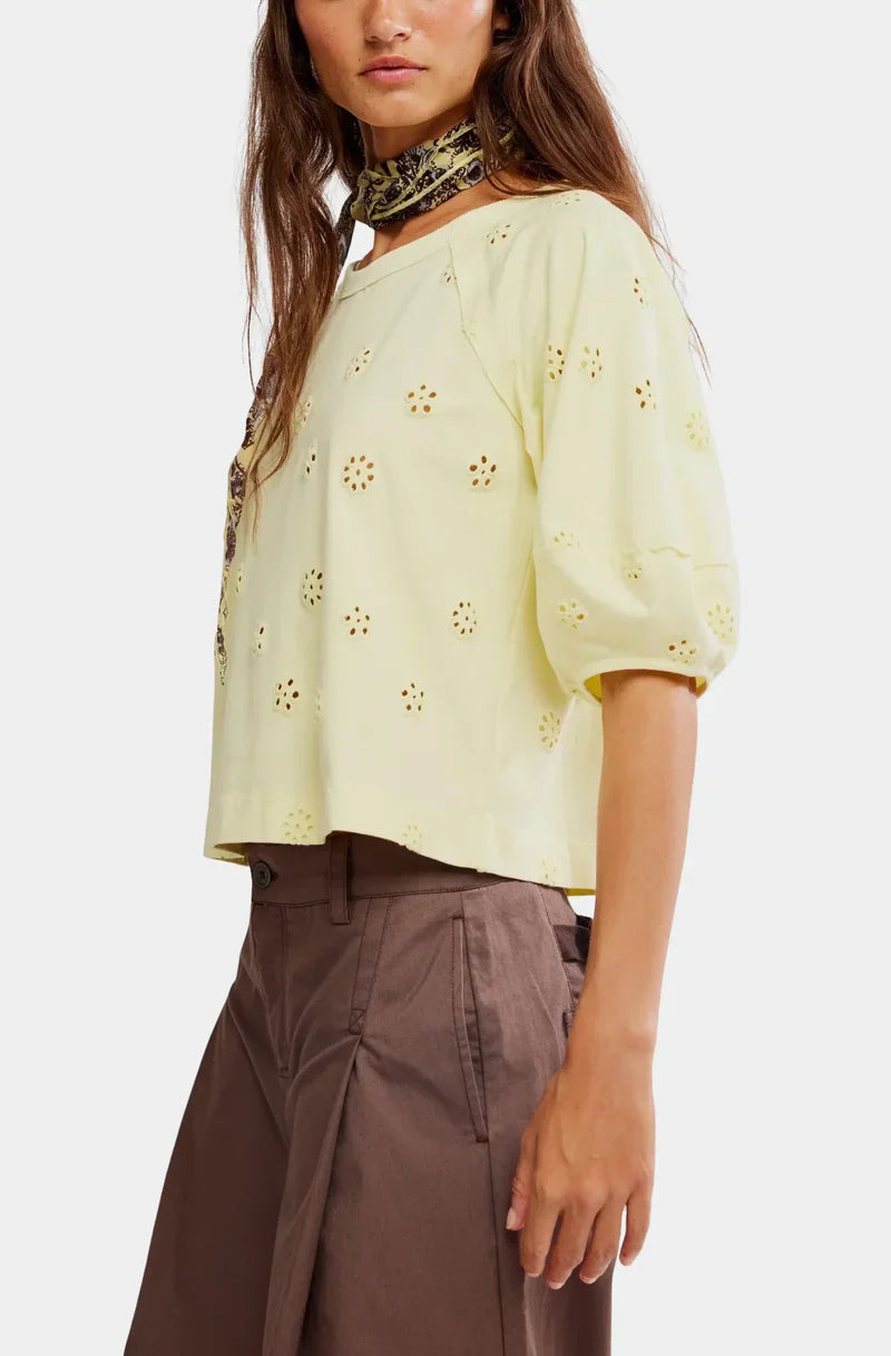 Free People Jessie Eyelet Tee in Lemon Water