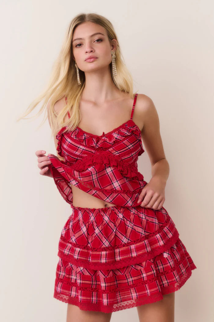 Love Shack Fancy Sormina Tartan Cotton Top in Cherry Jubilee