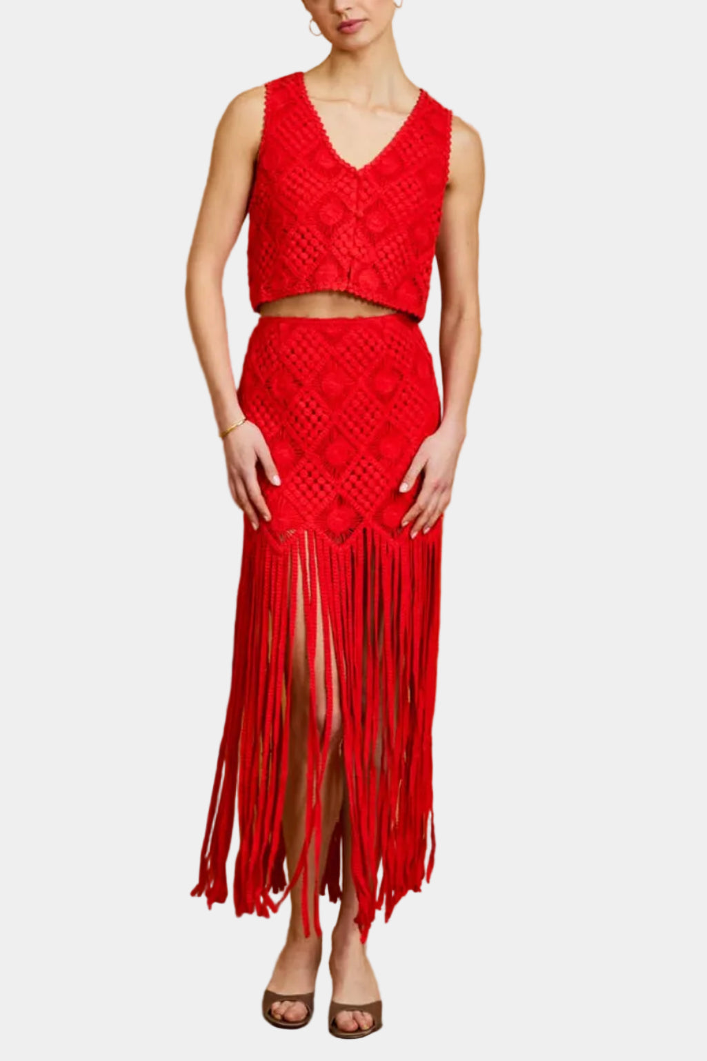 Saylor Aina Fringe Crochet Mini Skirt Set