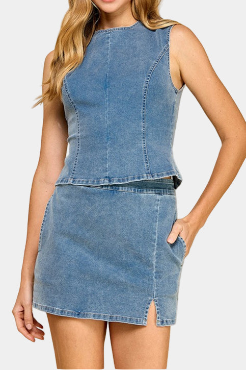 Allie Denim Open Back Top & Mini Skirt Set