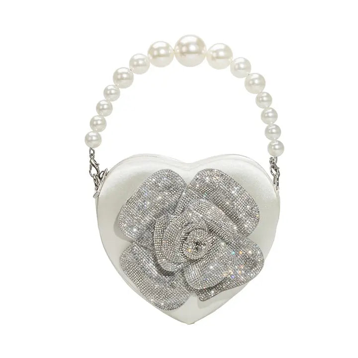 Melie Bianco Mila White Satin & Pearl Heart Crossbody Bag