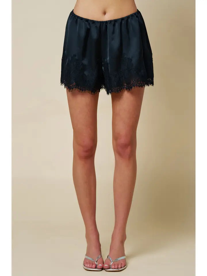 Daden Satin Lace Trim Shorts in Black