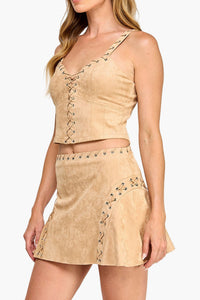 Maisy Suede Lace Up Detail Top & Mini Skirt Set