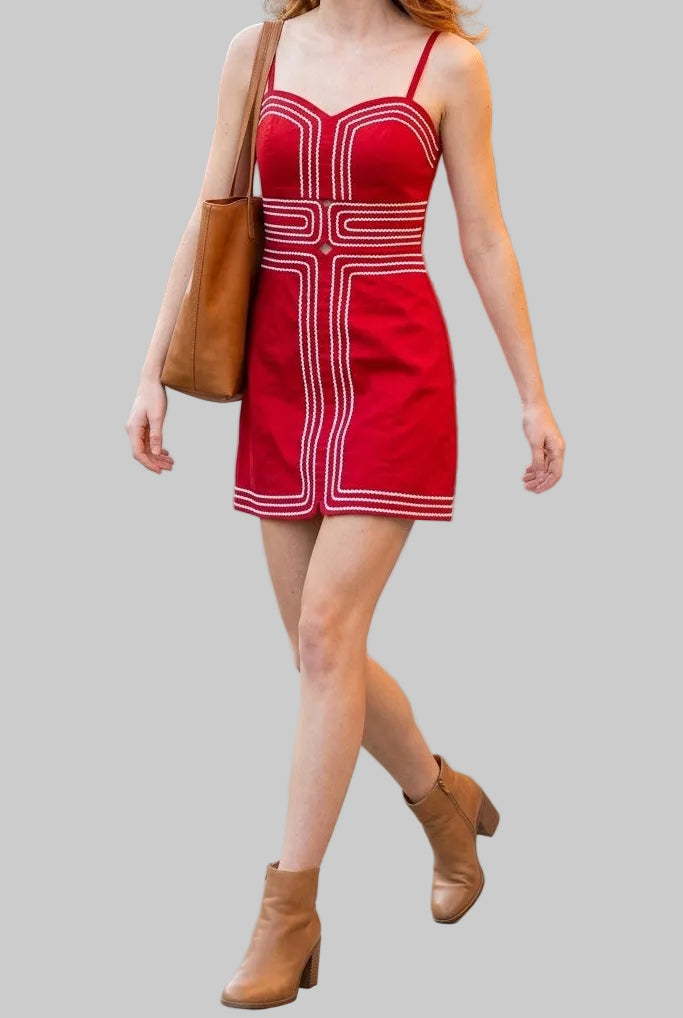 Bess Contrast Stitch Mini Dress in Red/White