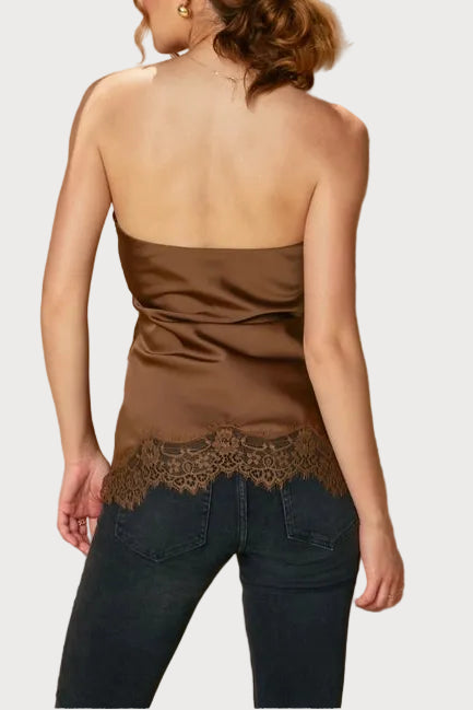 Jennie Satin Asymmetrical Lace Hem Tube Top