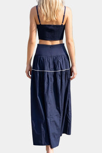 Posie Contrast Stitch Top & Midi Skirt Set in Navy/White