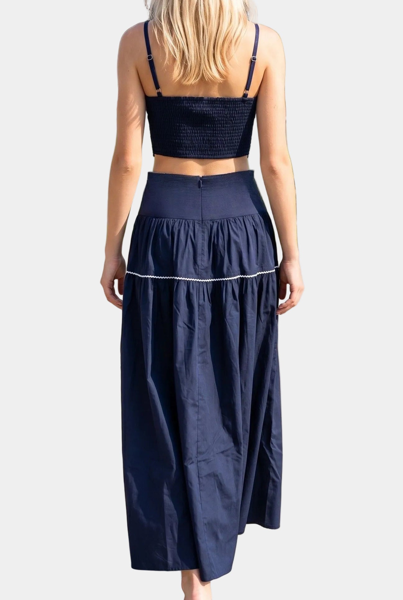 Posie Contrast Stitch Top & Midi Skirt Set in Navy/White