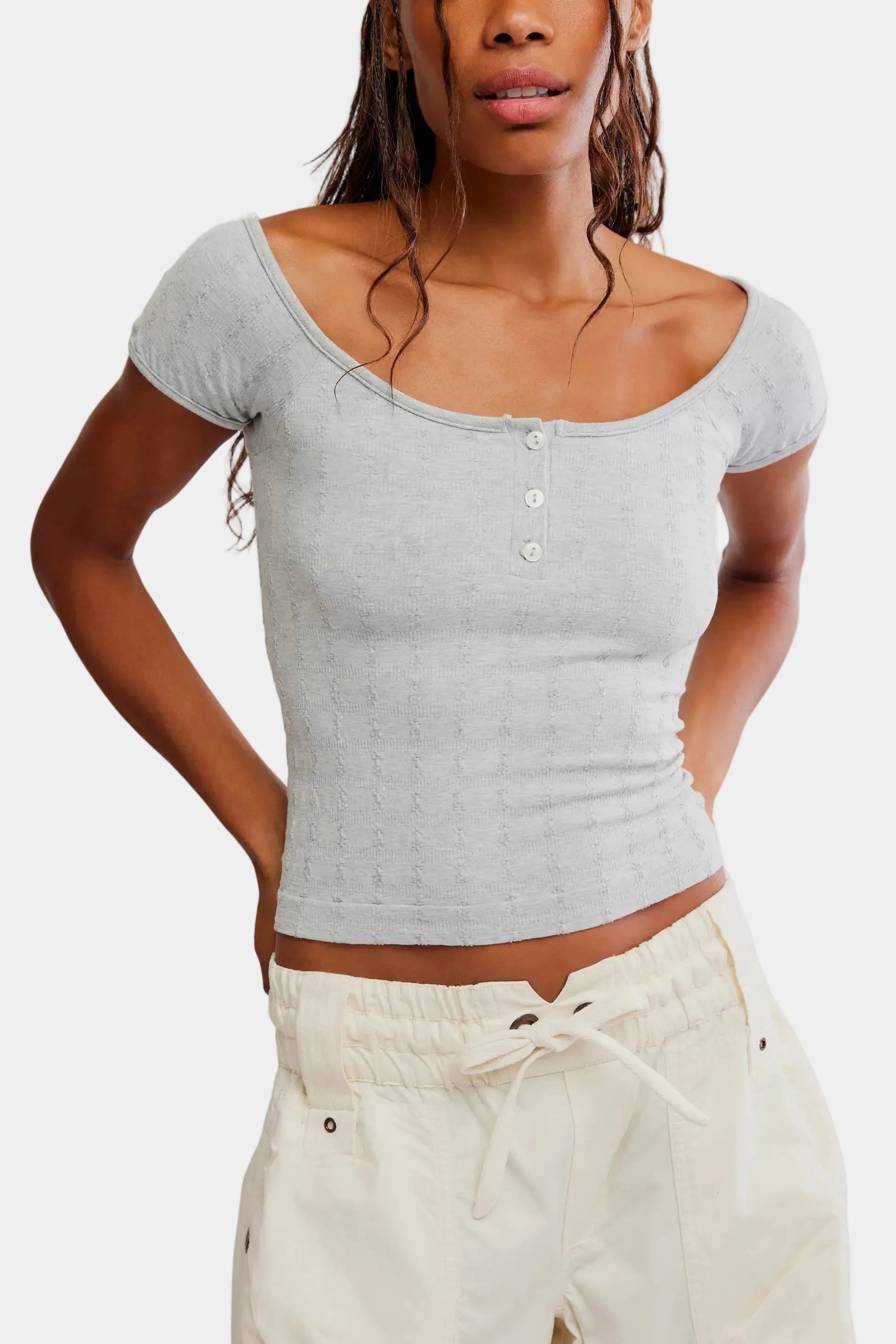 Free People So Soft Seamless Henley Top in Heather Grey
