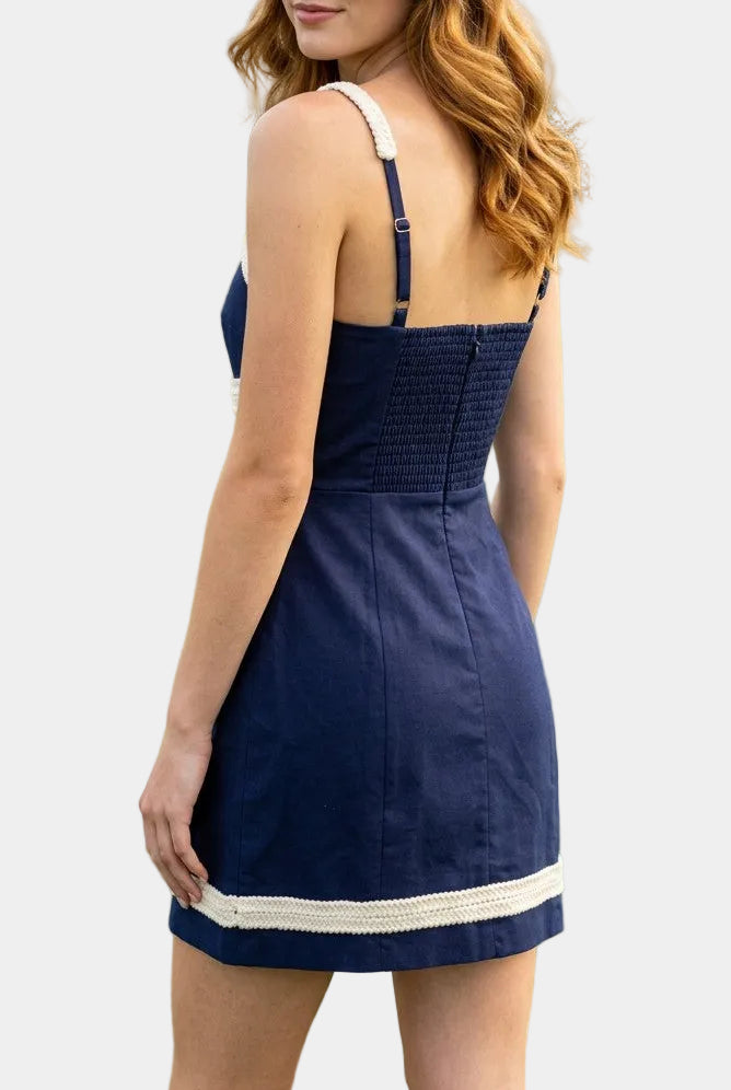 Peyton Rope Trim Mini Dress in Navy/White