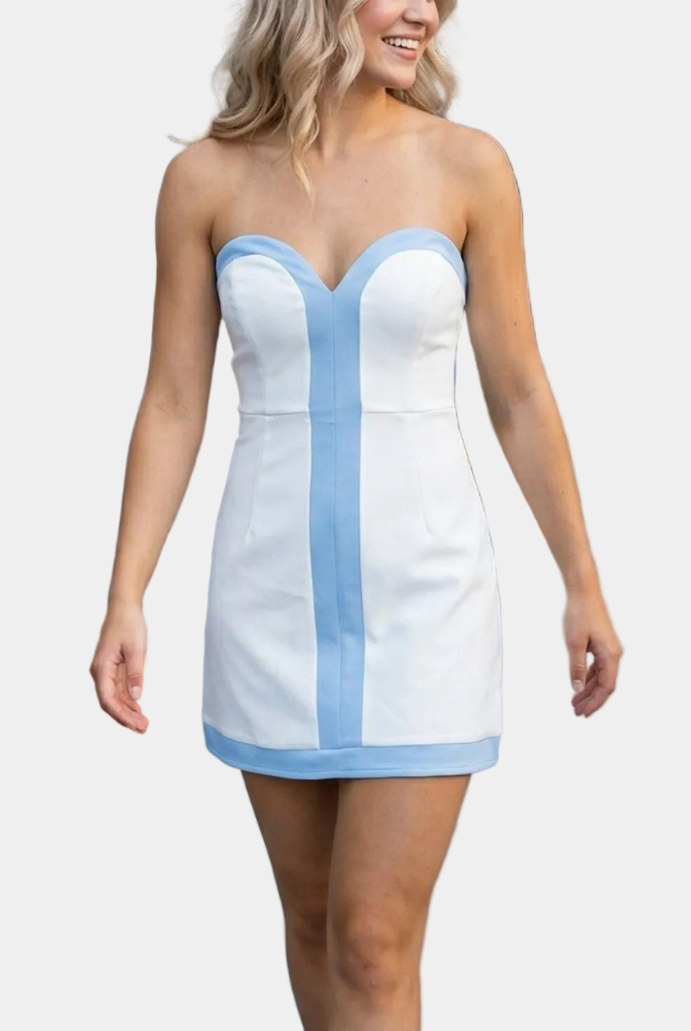Codie Colorblock Strapless Romper Dress in White/Powder Blue
