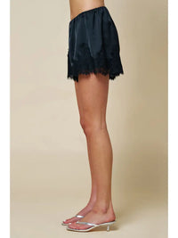 Daden Satin Lace Trim Shorts in Black