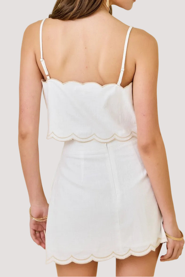 Mitchell Scalloped Hem Top & Skirt Set in White/ Linen