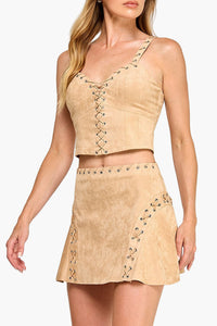Maisy Suede Lace Up Detail Top & Mini Skirt Set