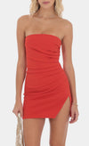 Rosa Strapless Side Ruched Mini Dress in Blood Orange