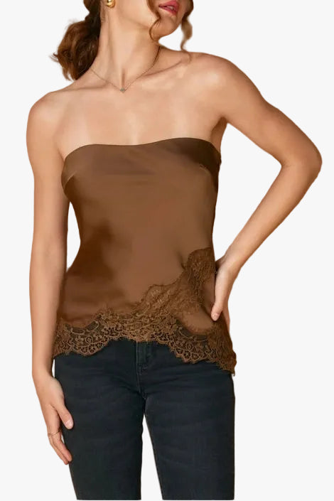 Jennie Satin Asymmetrical Lace Hem Tube Top