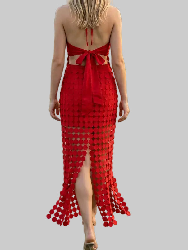 Dylan Dot Lace Halter Top & Sheer Maxi Skirt Set in Red