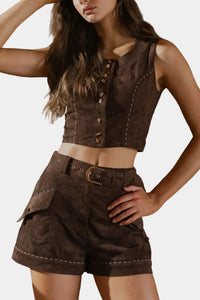 CIEBON Akia Suede Button Top & Reagan Belted Shorts Set