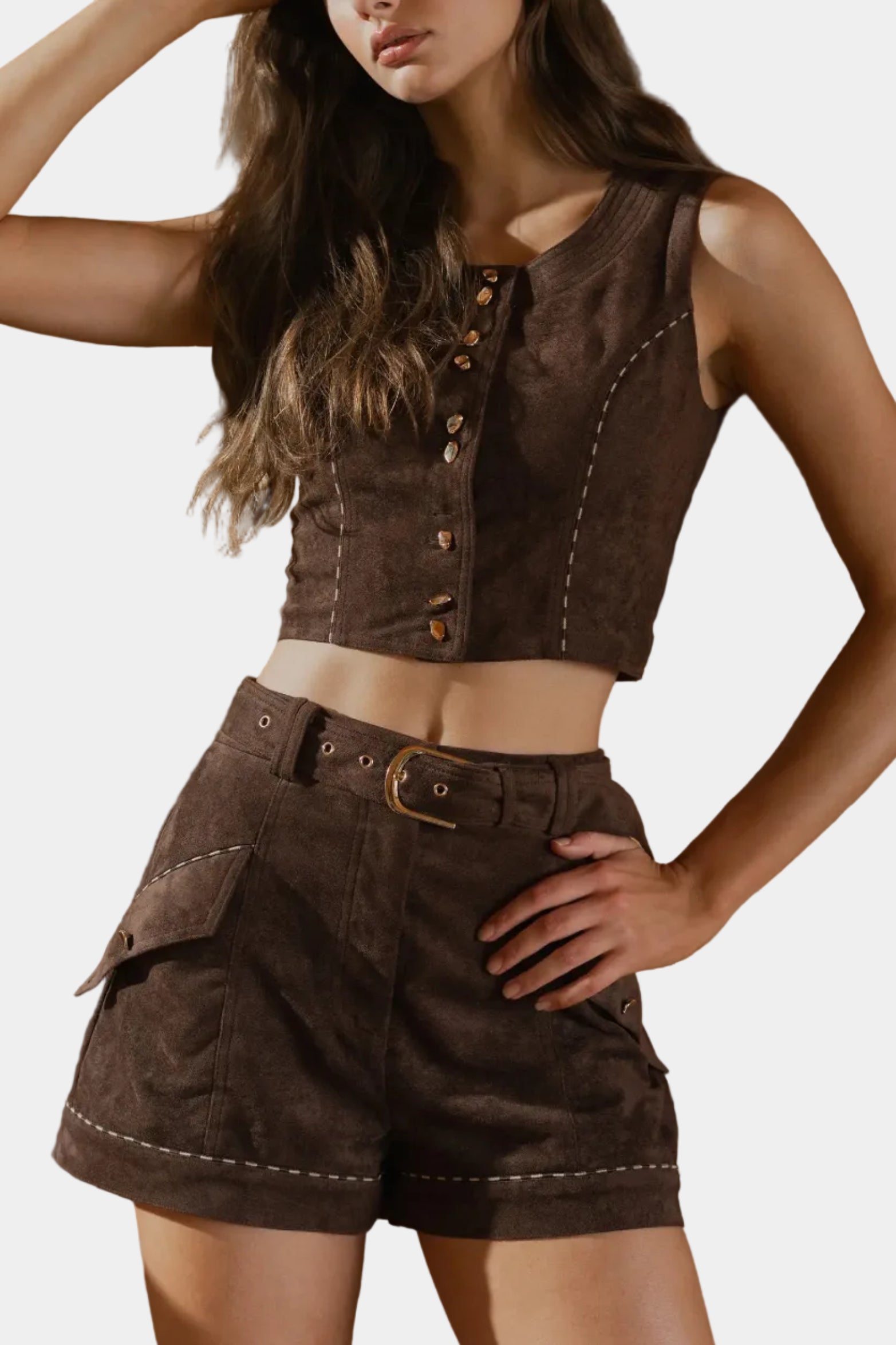 CIEBON Akia Suede Button Top & Reagan Belted Shorts Set