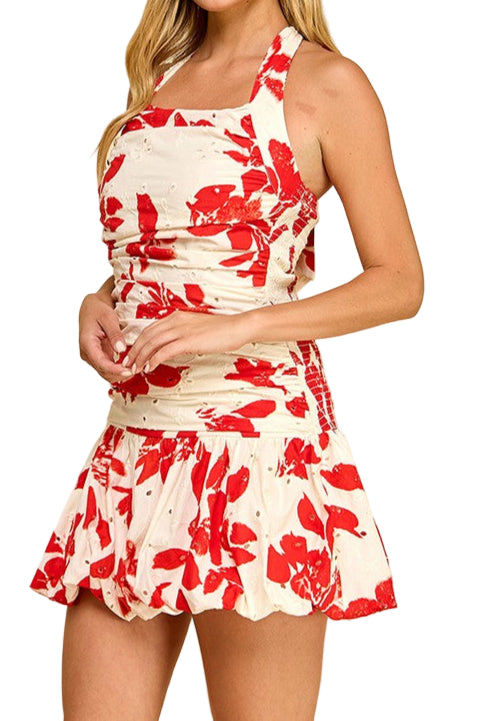 Gemma Halter Floral Eyelet Print Mini Dress