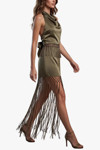 Jayden Fringe Satin Top & Maxi Skirt Set in Olive