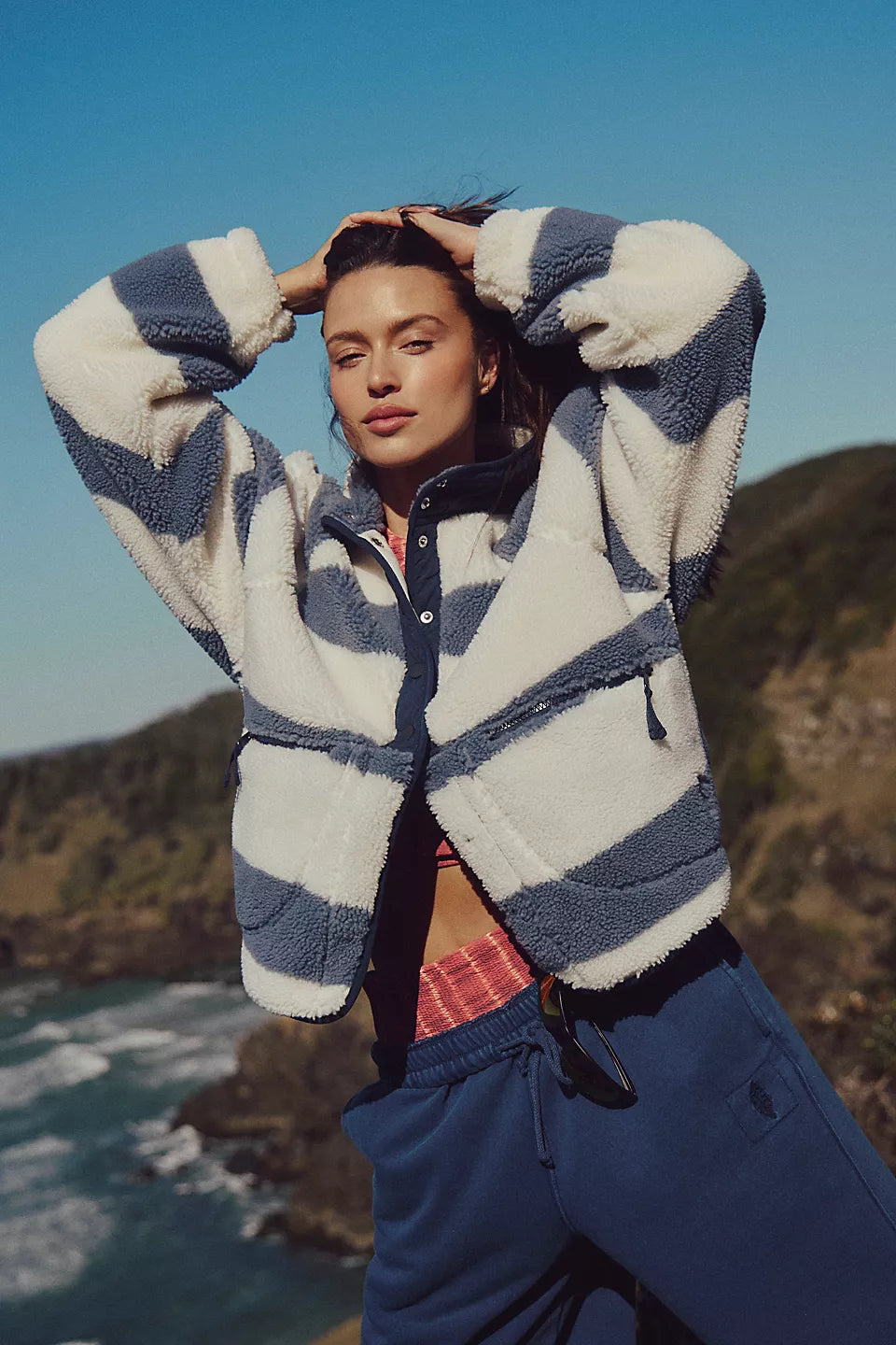 FP Movement Hit The Slopes Printed Fleece Jacket in Rugby Stripes