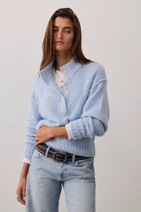 Free People Tucked Henley Pullover in Blue Snowflake Combo
