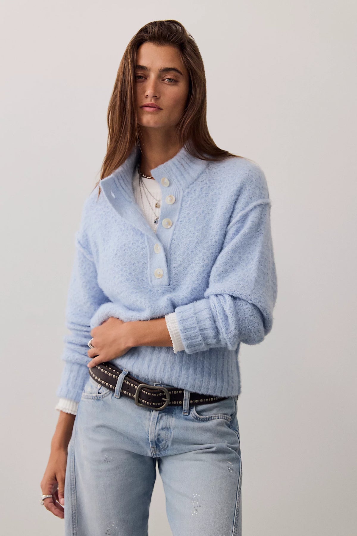 Free People Tucked Henley Pullover in Blue Snowflake Combo