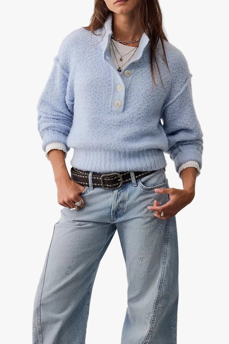 Free People Tucked Henley Pullover in Blue Snowflake Combo