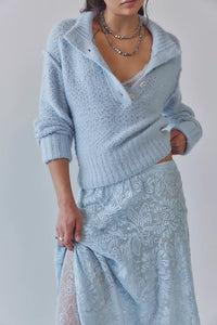 Free People Tucked Henley Pullover in Blue Snowflake Combo