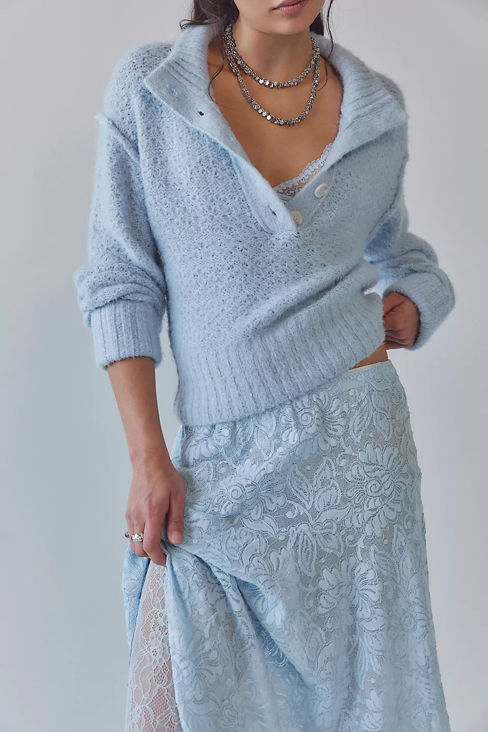 Free People Tucked Henley Pullover in Blue Snowflake Combo