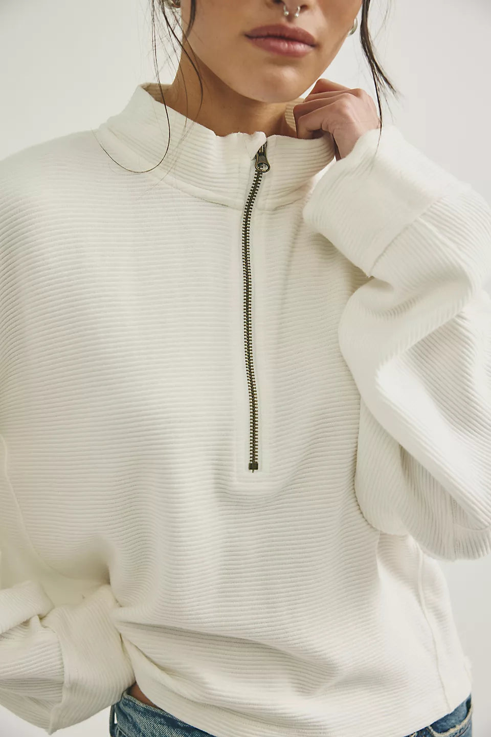 Free People Celeste Quarter Zip in Clean Ivory