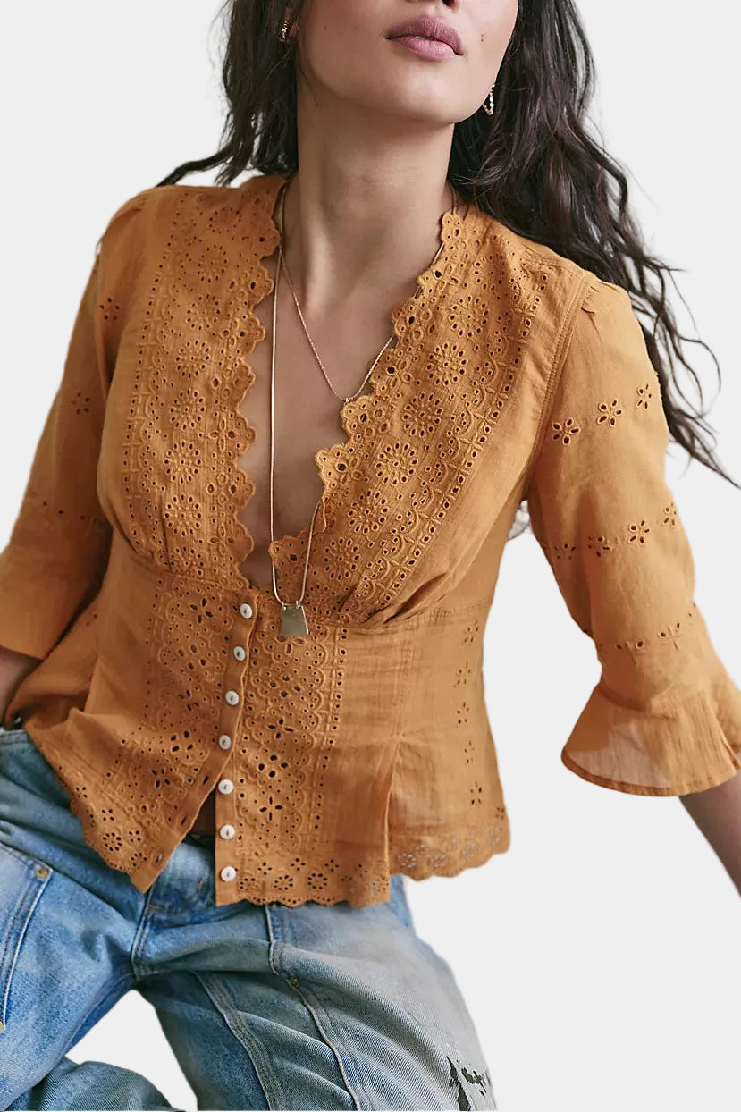 Free People Salone Eyelet Top in Bronzer