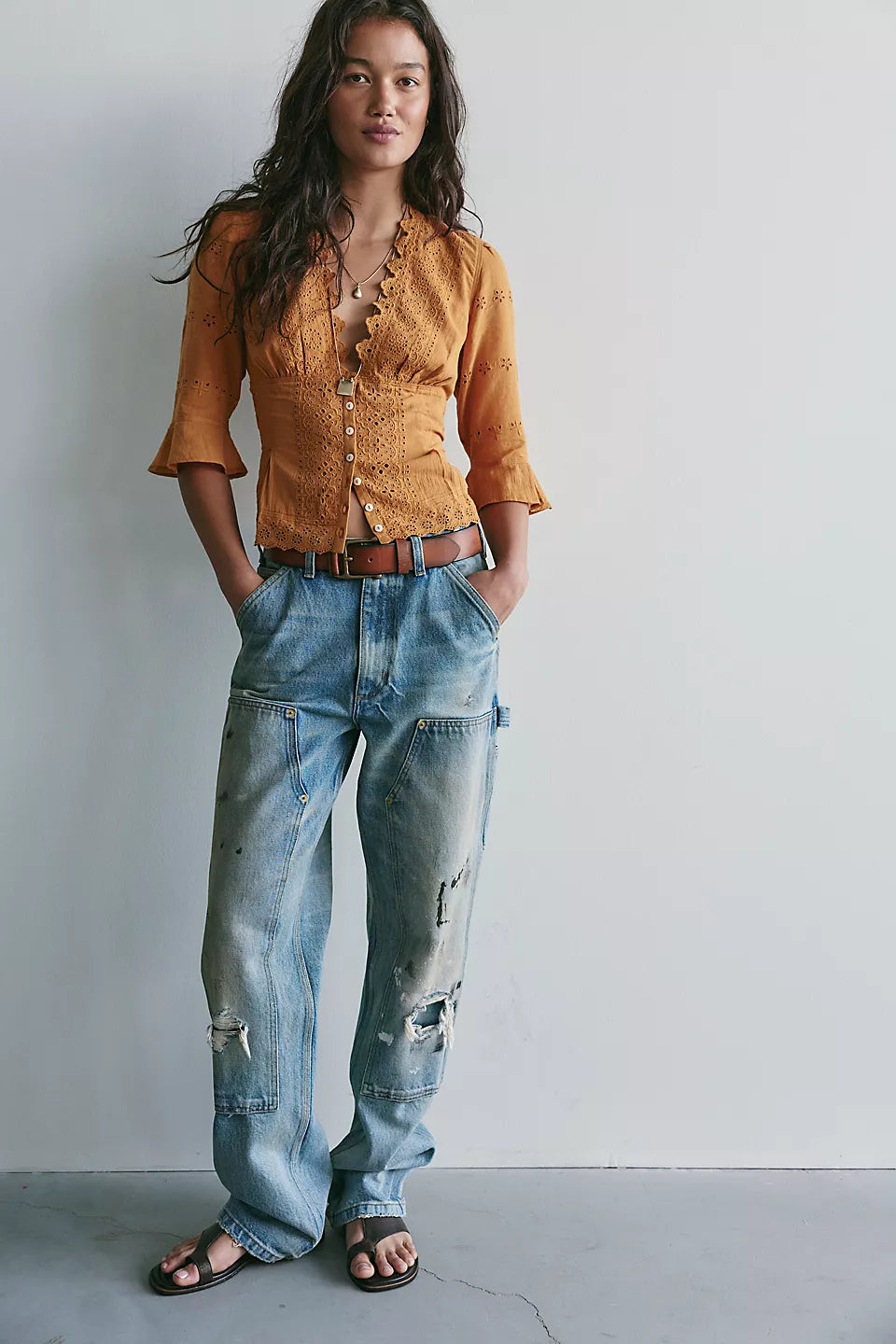 Free People Salone Eyelet Top in Bronzer