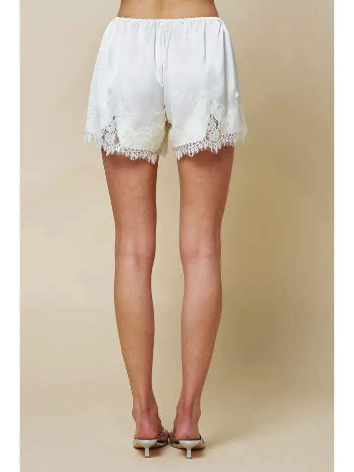 Daden Satin Lace Trim Shorts in Cream