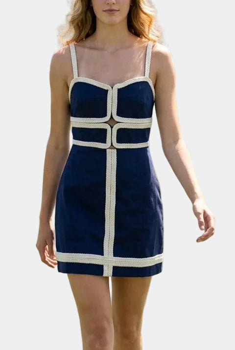 Peyton Rope Trim Mini Dress in Navy/White