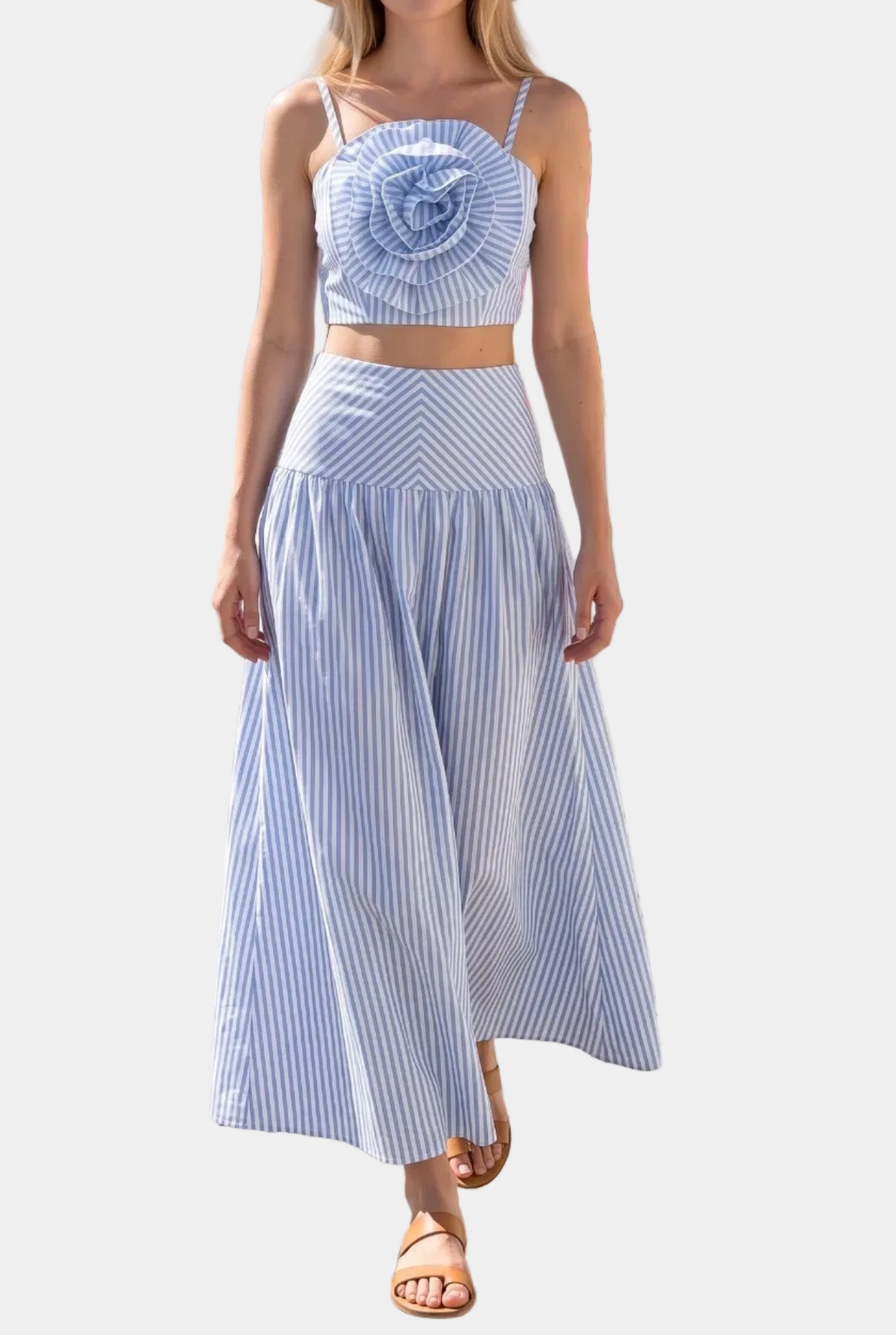 Ronan Striped Rose Detail Top & Midi Skirt Set