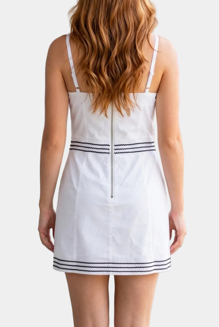 Bess Contrast Stitch Mini Dress in White/Navy