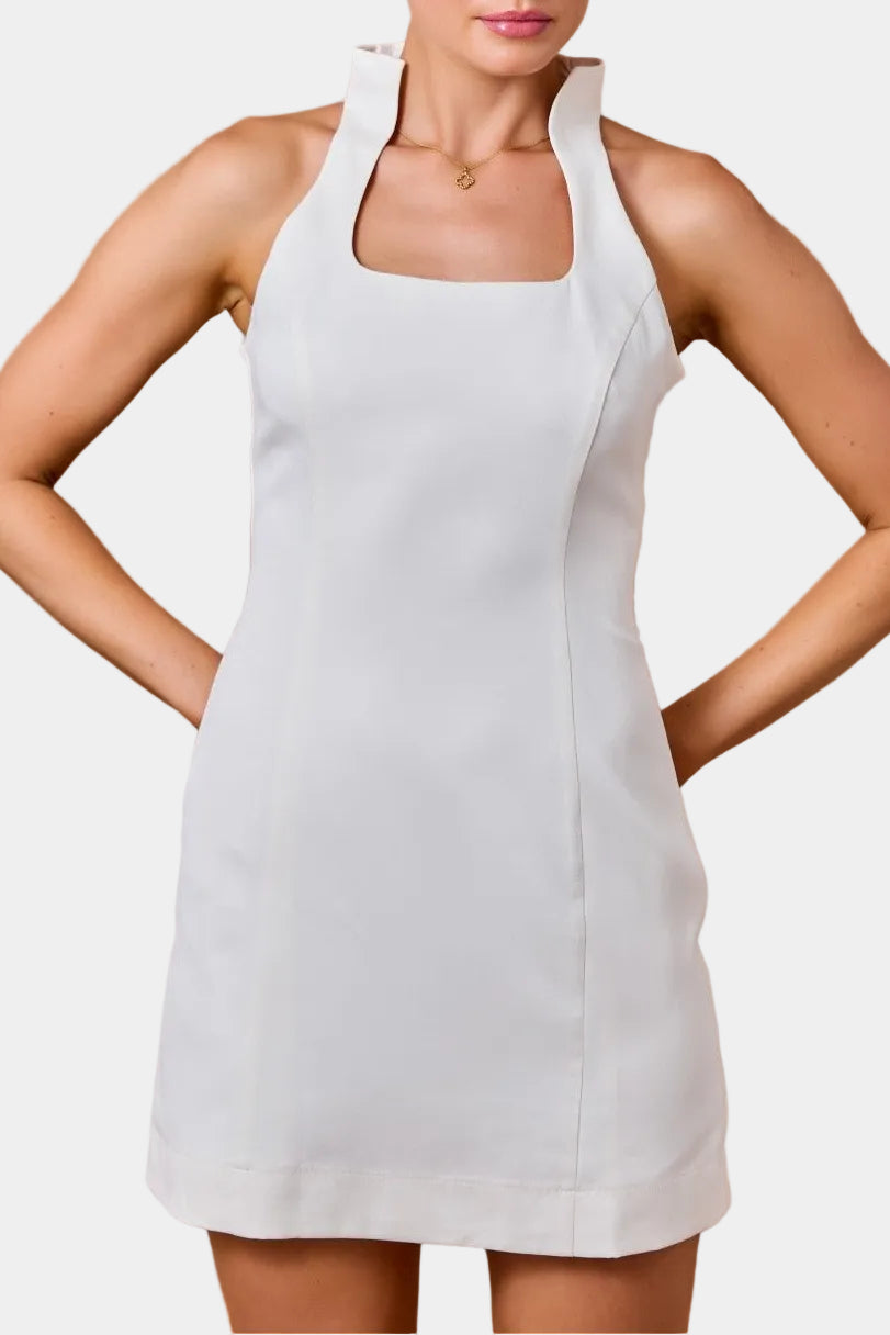 Ellah Sleeveless Crepe Stand Collar Mini Dress in Ivory