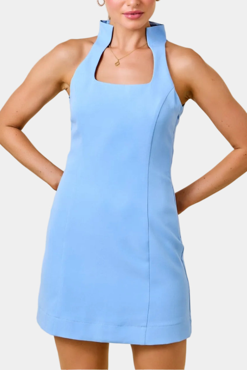 Ellah Sleeveless Crepe Stand Collar Mini Dress in Blue