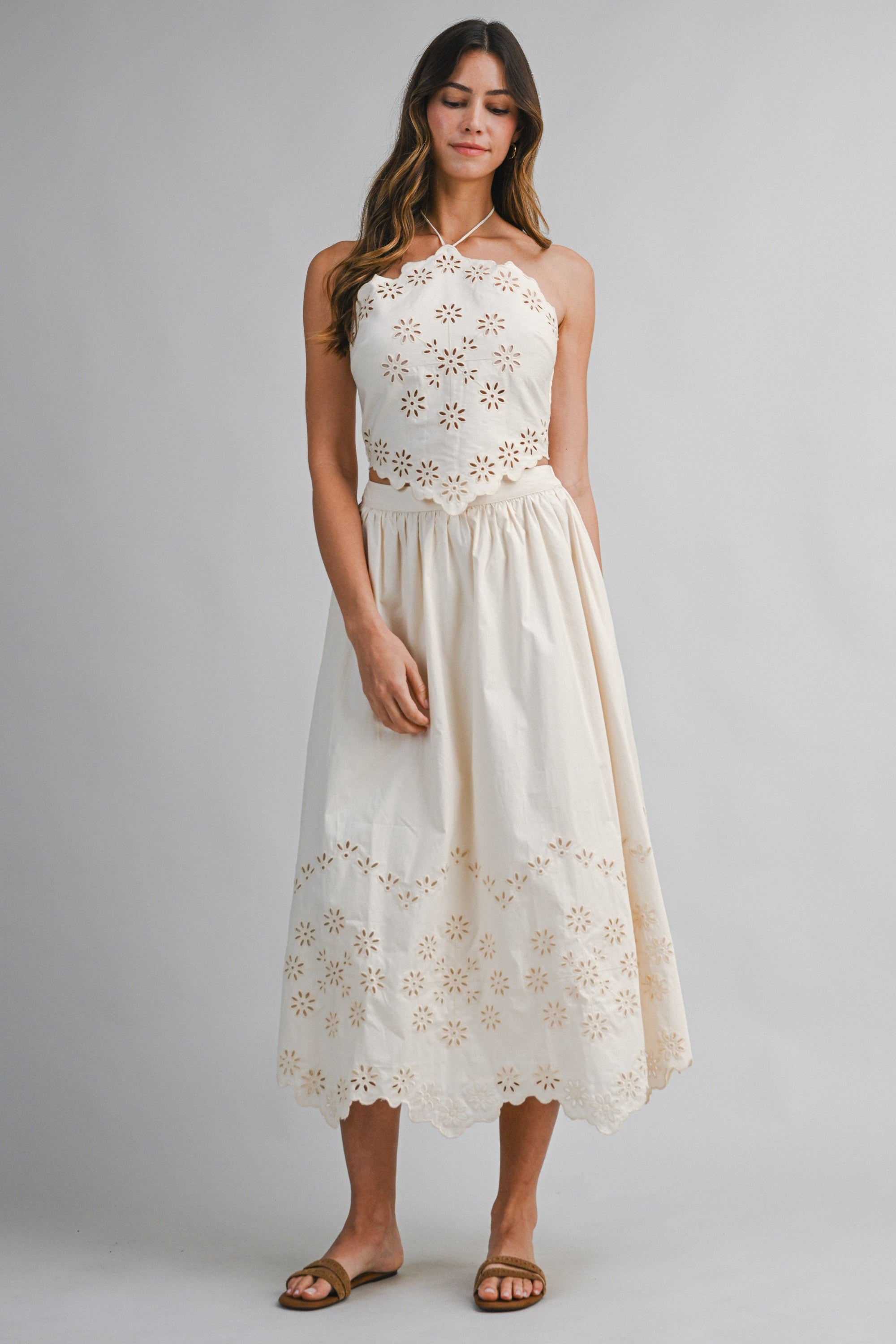 Cassie Eyelet Embroidered Halter Top & Midi Skirt Set