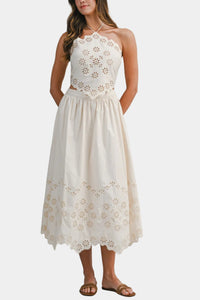 Cassie Eyelet Embroidered Halter Top & Midi Skirt Set