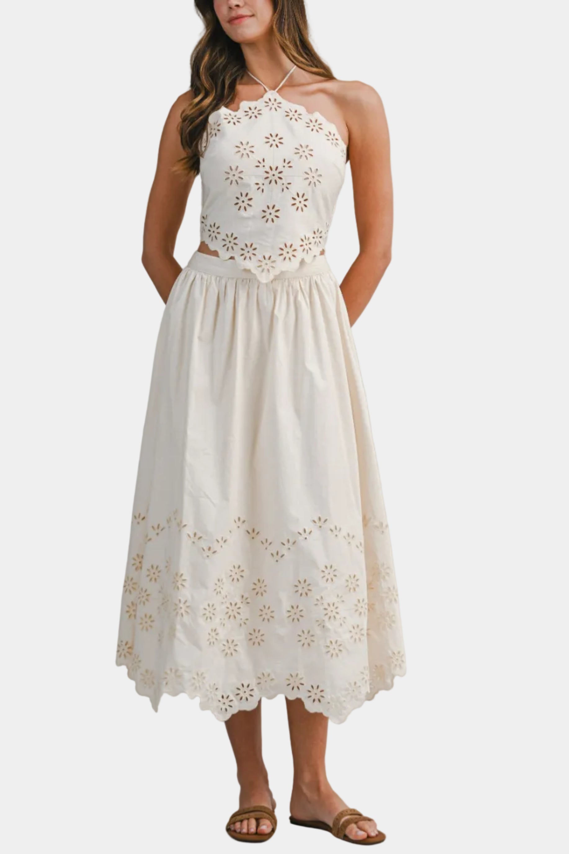Cassie Eyelet Embroidered Halter Top & Midi Skirt Set