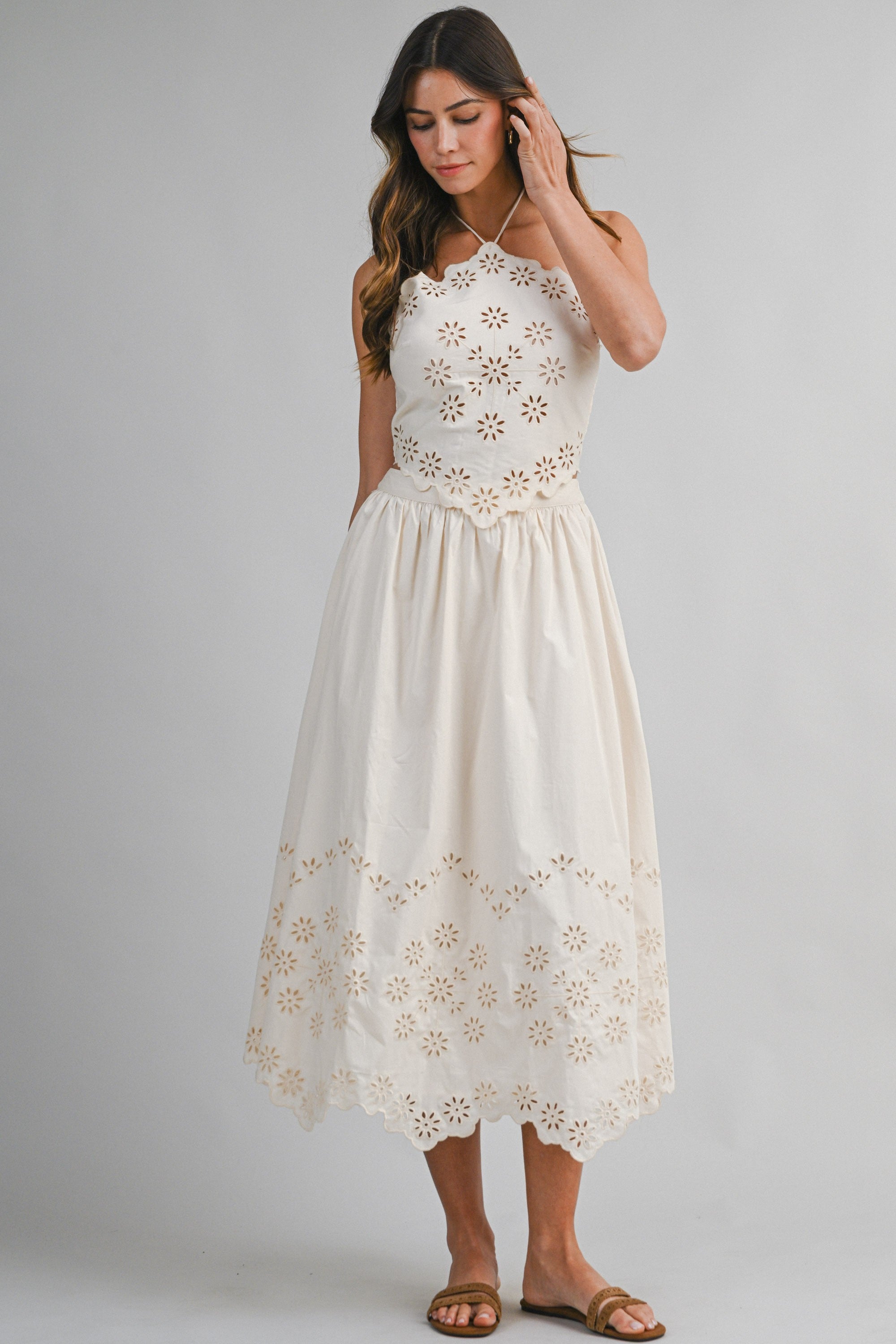 Cassie Eyelet Embroidered Halter Top & Midi Skirt Set